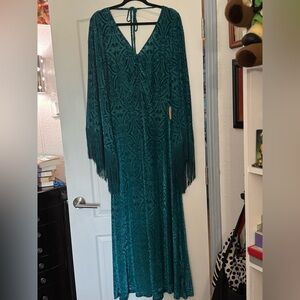 Green and Blue V-Neck Bishop Sleeve Gown